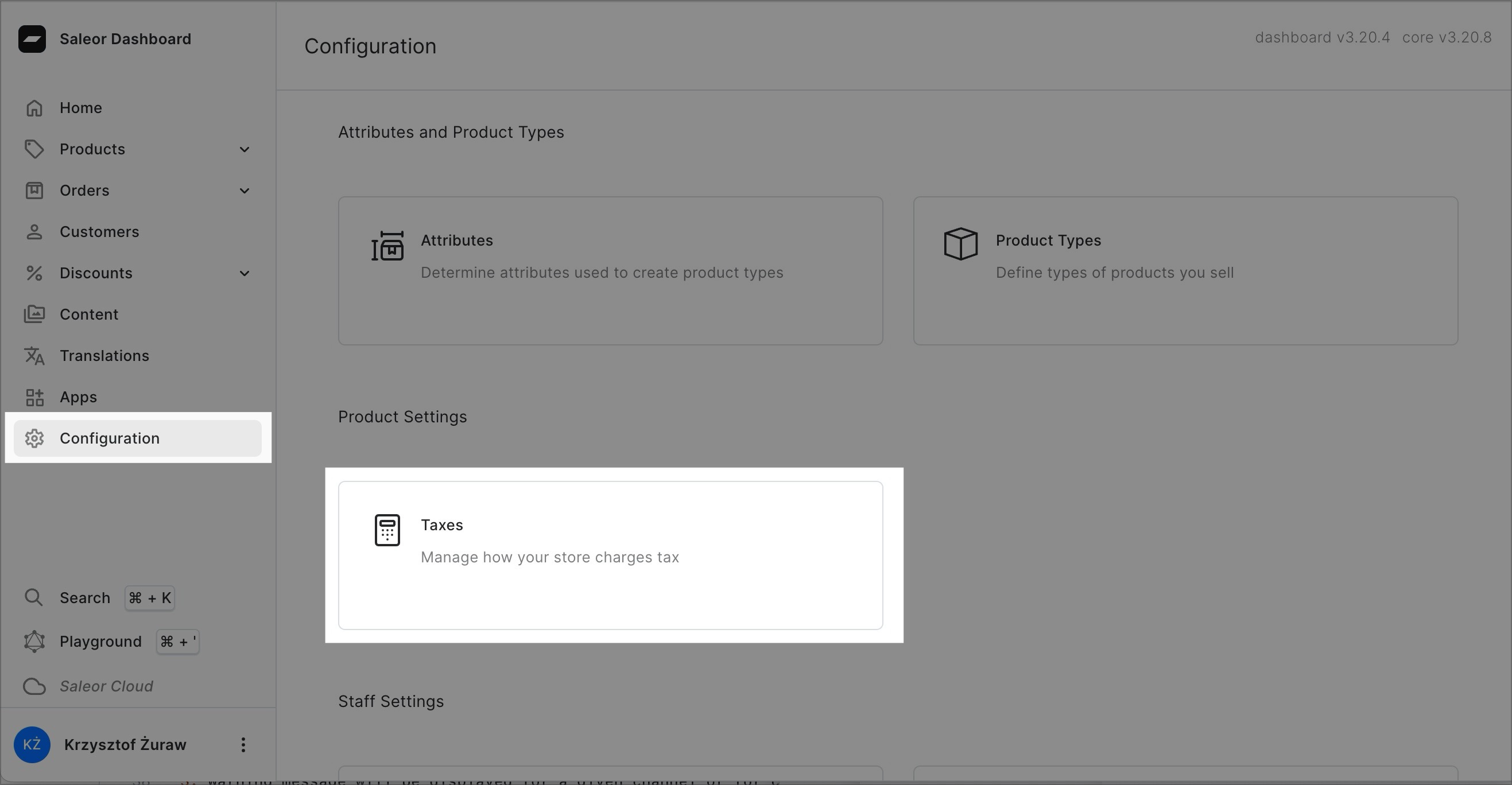 A screenshot of the Saleor Dashboard in the &quot;Configuration&quot; section. The &quot;Taxes&quot; section is highlighted.